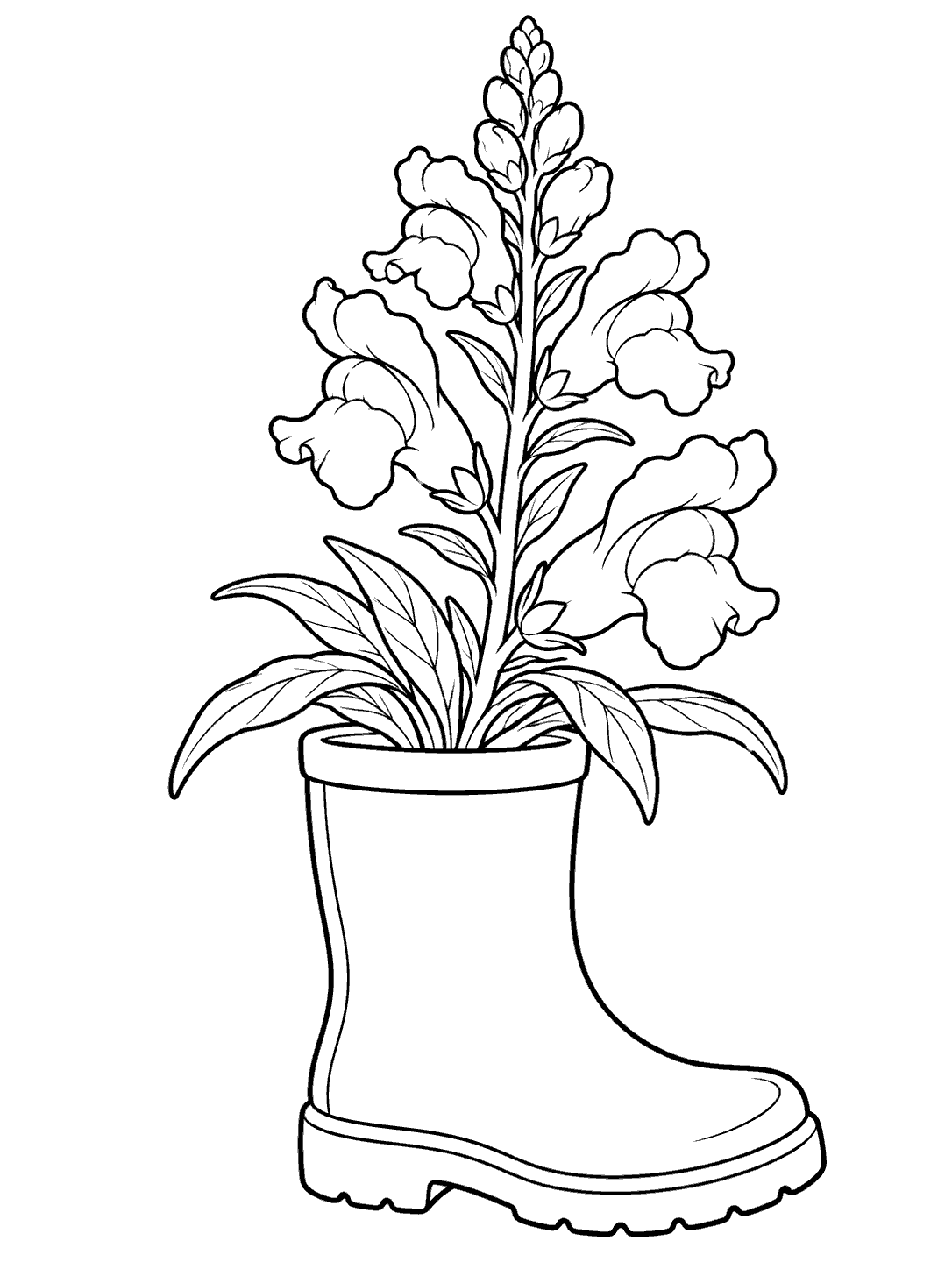 Black-and-white line art of a tall snapdragon with distinct blossoms and leaves growing from an unpatterned ankle-height rain boot planter.