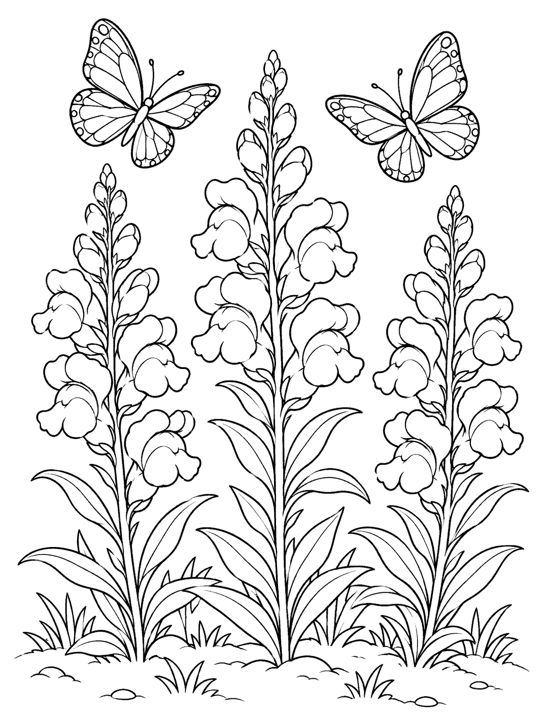 Two butterflies above three upright snapdragon spikes in a small garden patch.