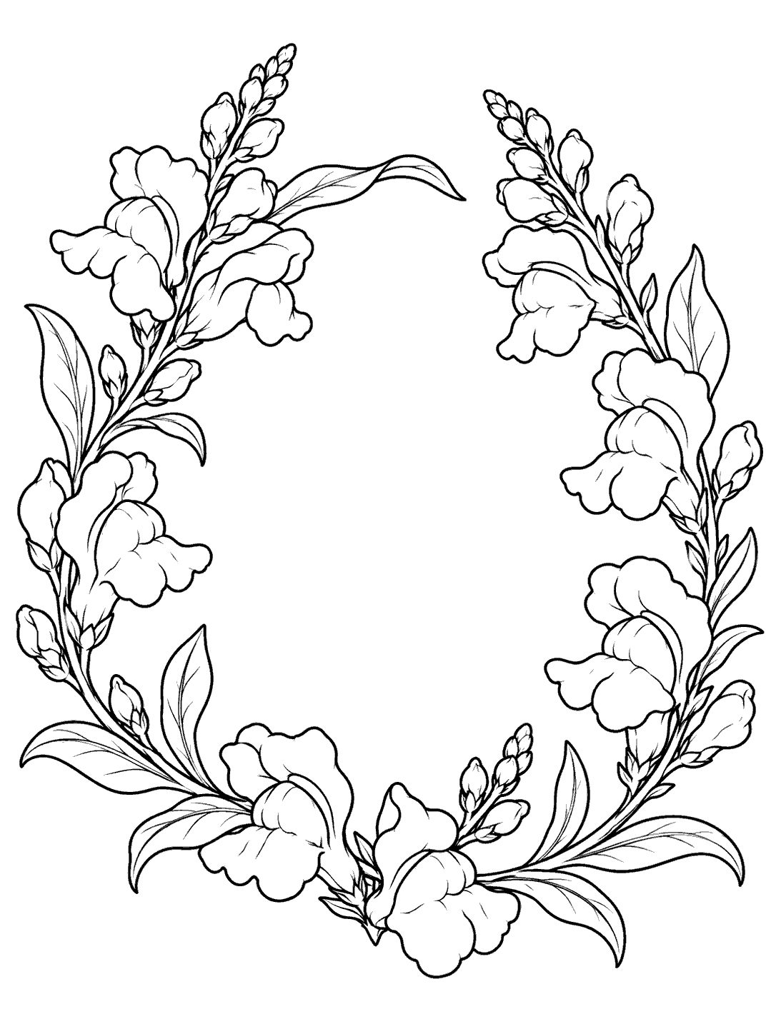 Open wreath of snapdragon stems and leaves with a blank center