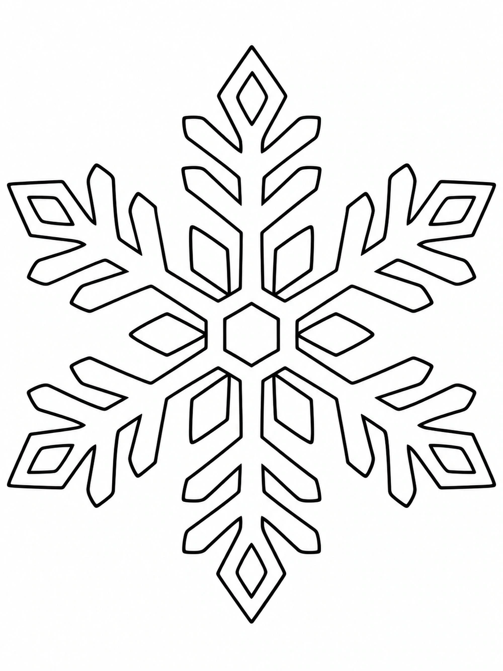 Large centered six-point snowflake outlined in black, with symmetrical branches and a hexagonal center.