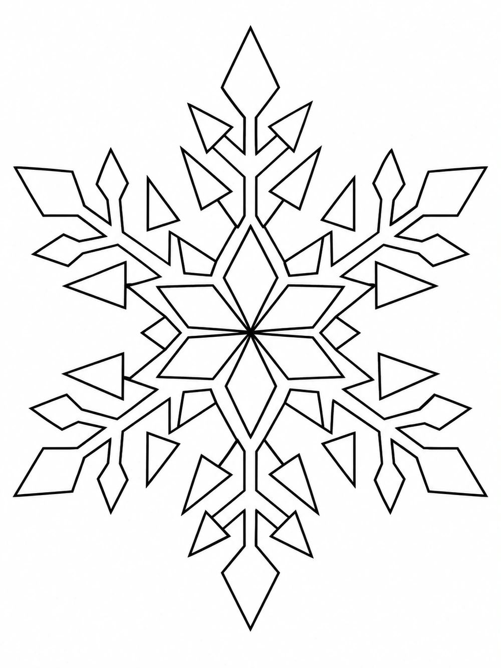 Large geometric snowflake with repeating diamond and triangle details, drawn in black outlines on white.