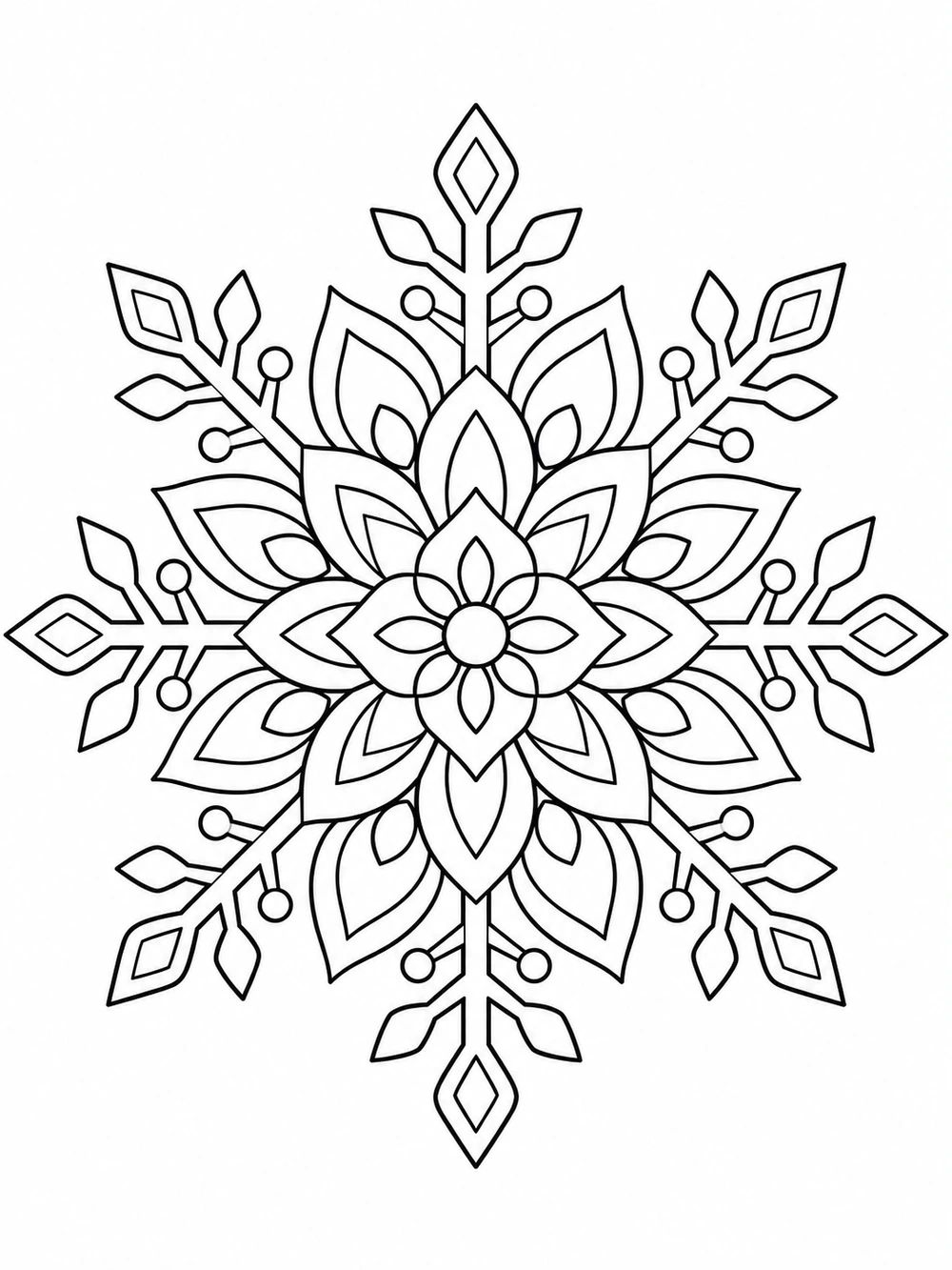 A centered, symmetrical snowflake mandala with radiating arms, nested petal shapes, and a small flower-like center, drawn in black outlines on white.