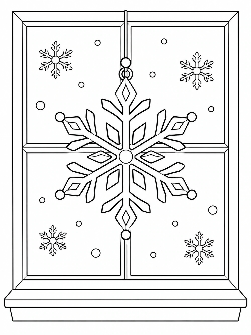 Large geometric snowflake centered across a four-pane window, with small snowflakes outside and a simple sill.