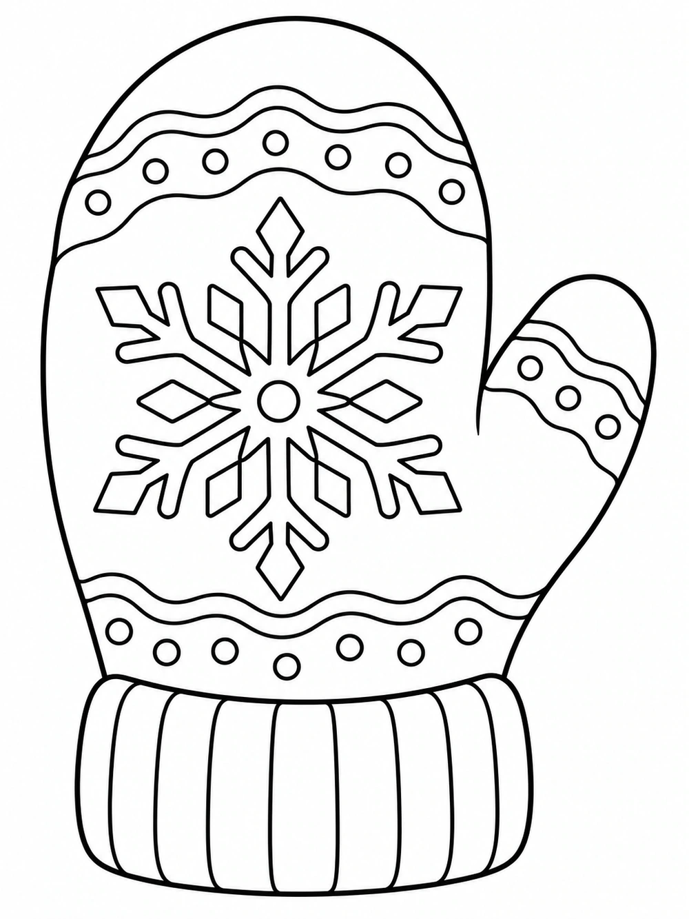 Large winter mitten with a prominent symmetrical snowflake and ribbed cuff, drawn in black outlines on white