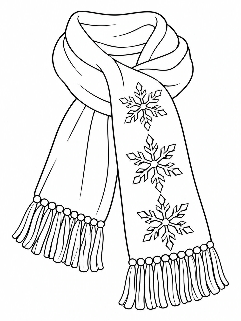 Portrait coloring page of a draped winter scarf with three snowflake motifs and fringe at both ends