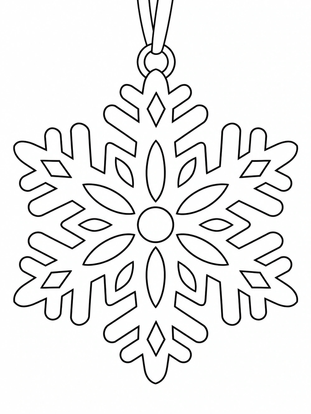 A large snowflake ornament with decorative cutouts hangs from a ribbon.