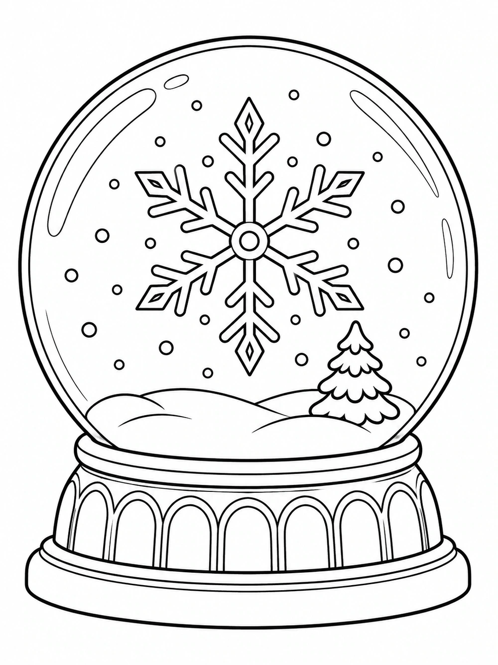 A large round snow globe with a decorative base, one bold snowflake, falling snow, a snowy mound, and a tiny evergreen.