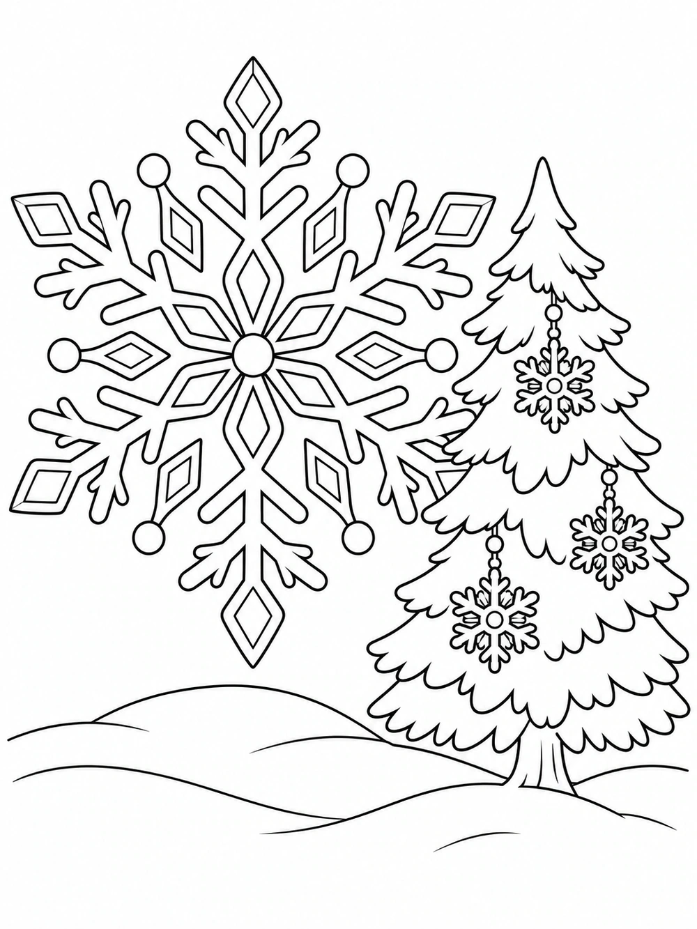 Large geometric snowflake beside a decorated evergreen tree on snowy hills