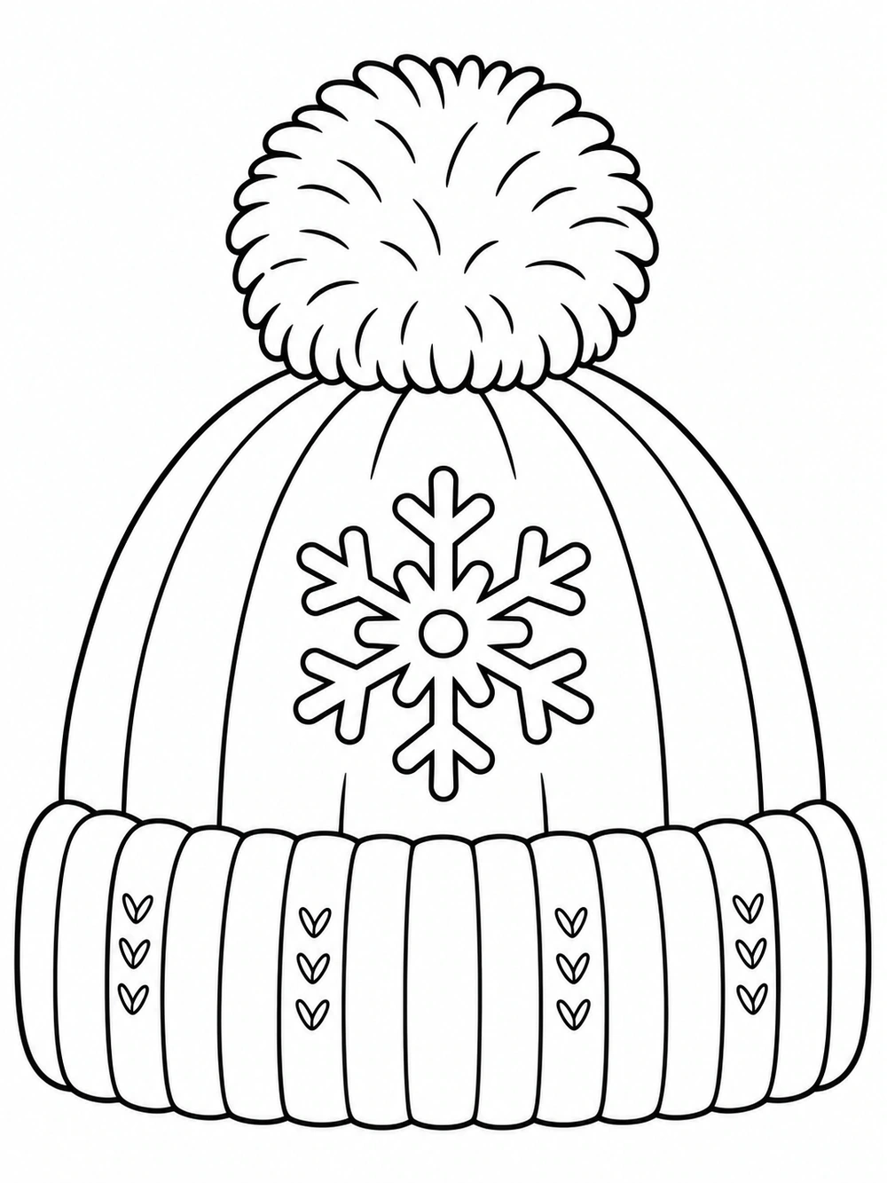 Winter hat with a large fluffy pom-pom, ribbed brim, and centered snowflake emblem.