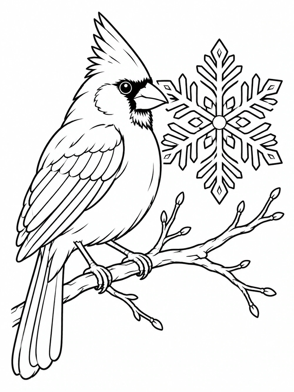 Black outline coloring page showing a crested cardinal perched on a bare branch beside a large symmetrical snowflake.