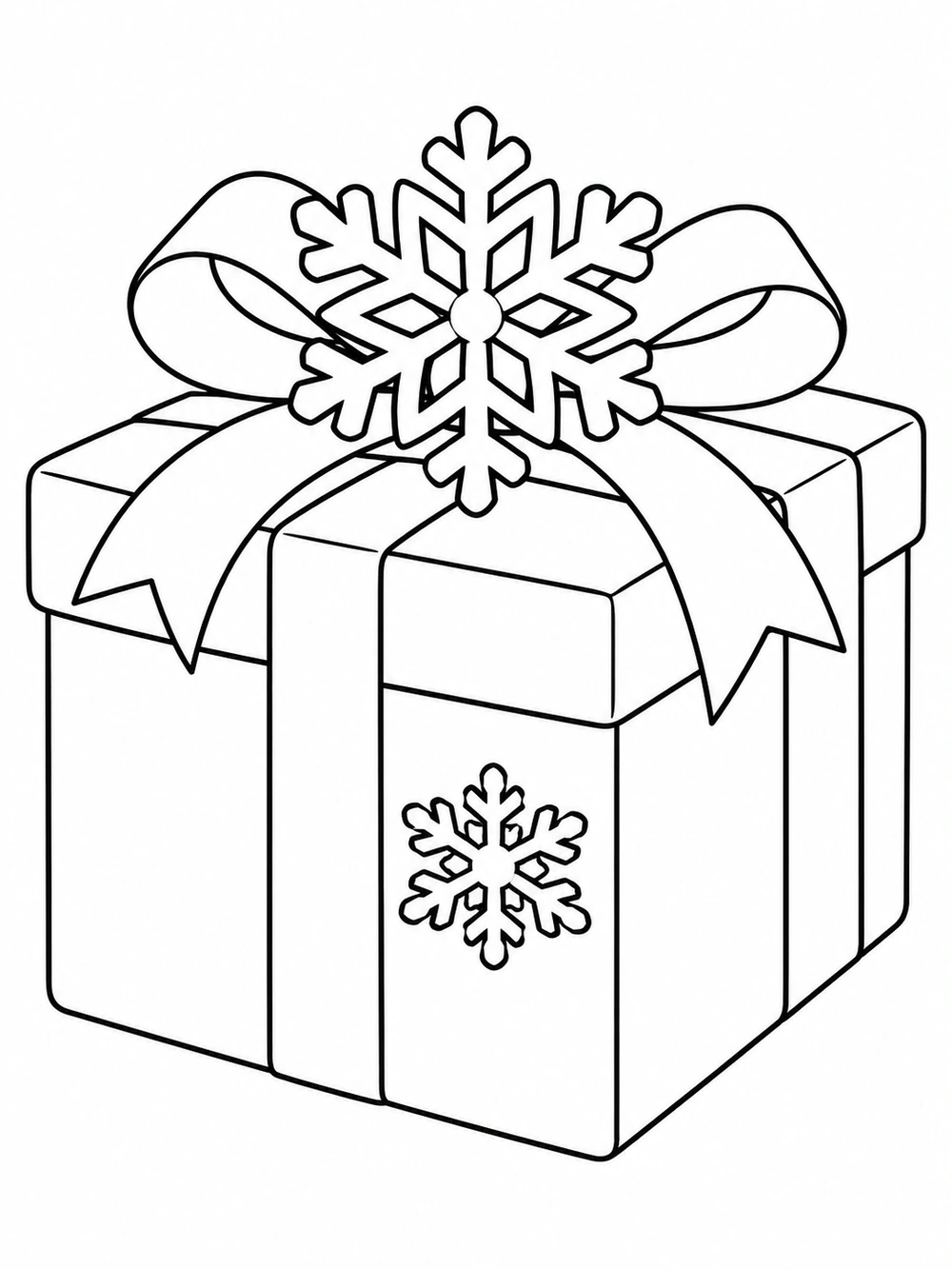Square wrapped gift with a broad ribbon, snowflake-shaped bow, and snowflake emblem on the front.