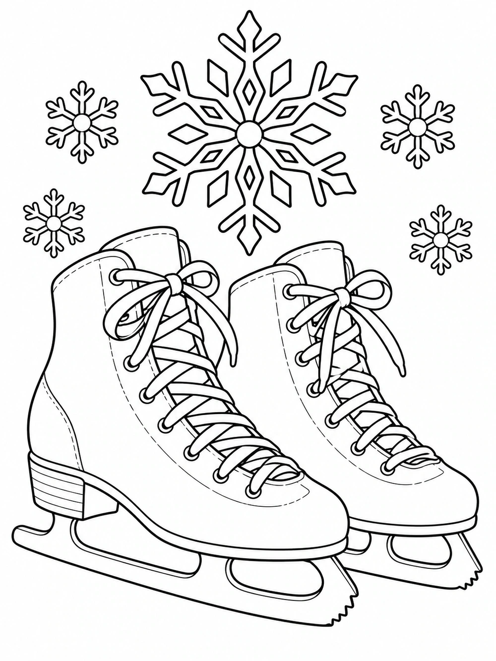 Two lace-up ice skates with visible blades beneath a large snowflake and four smaller snowflakes.