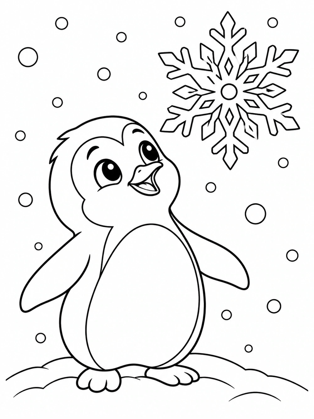 A friendly penguin standing on a snow mound and gazing up at a large snowflake, with small falling snowflakes around it.
