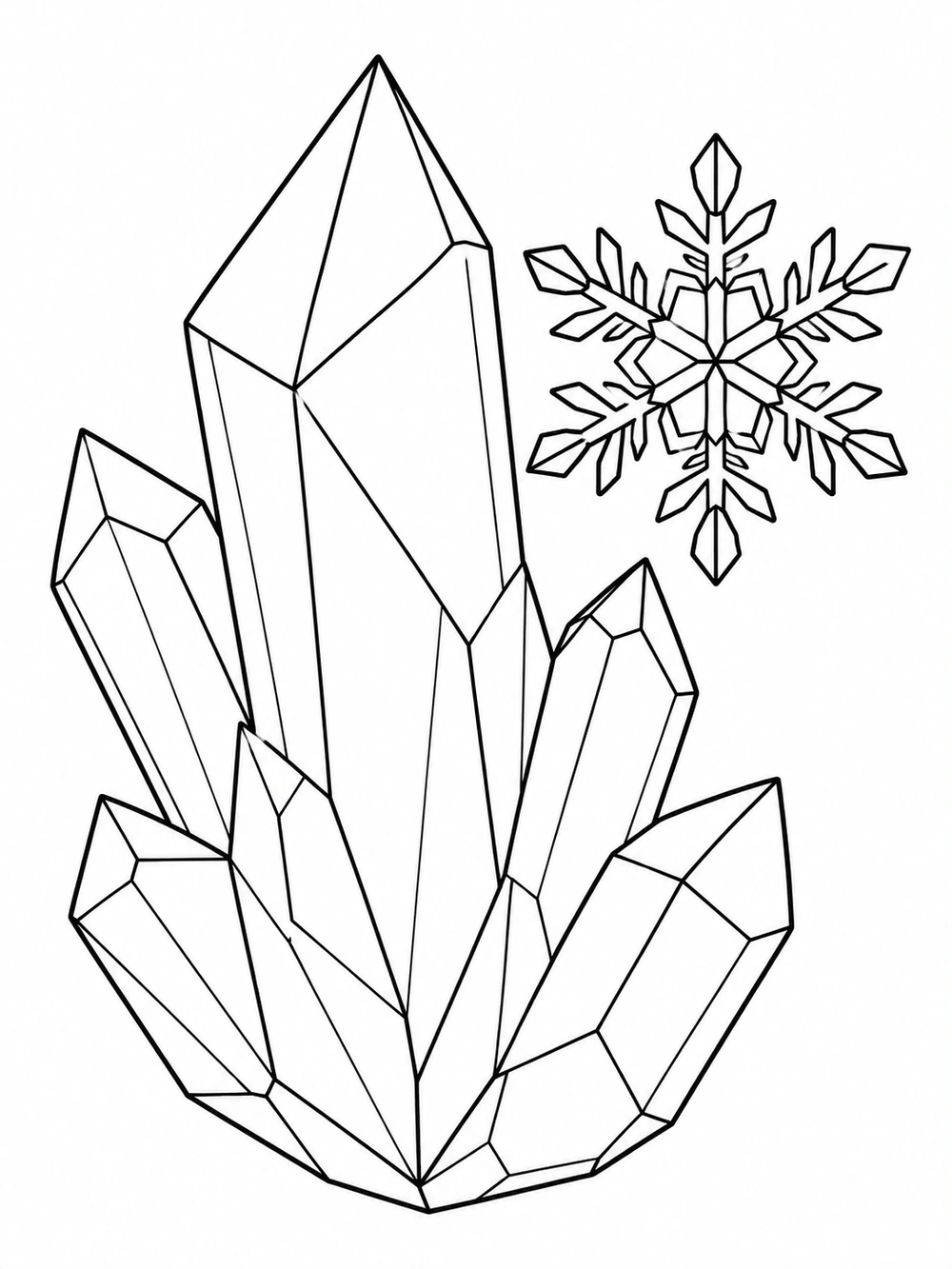 Large faceted ice crystal with a smaller symmetrical snowflake beside it, drawn in black outlines on white.