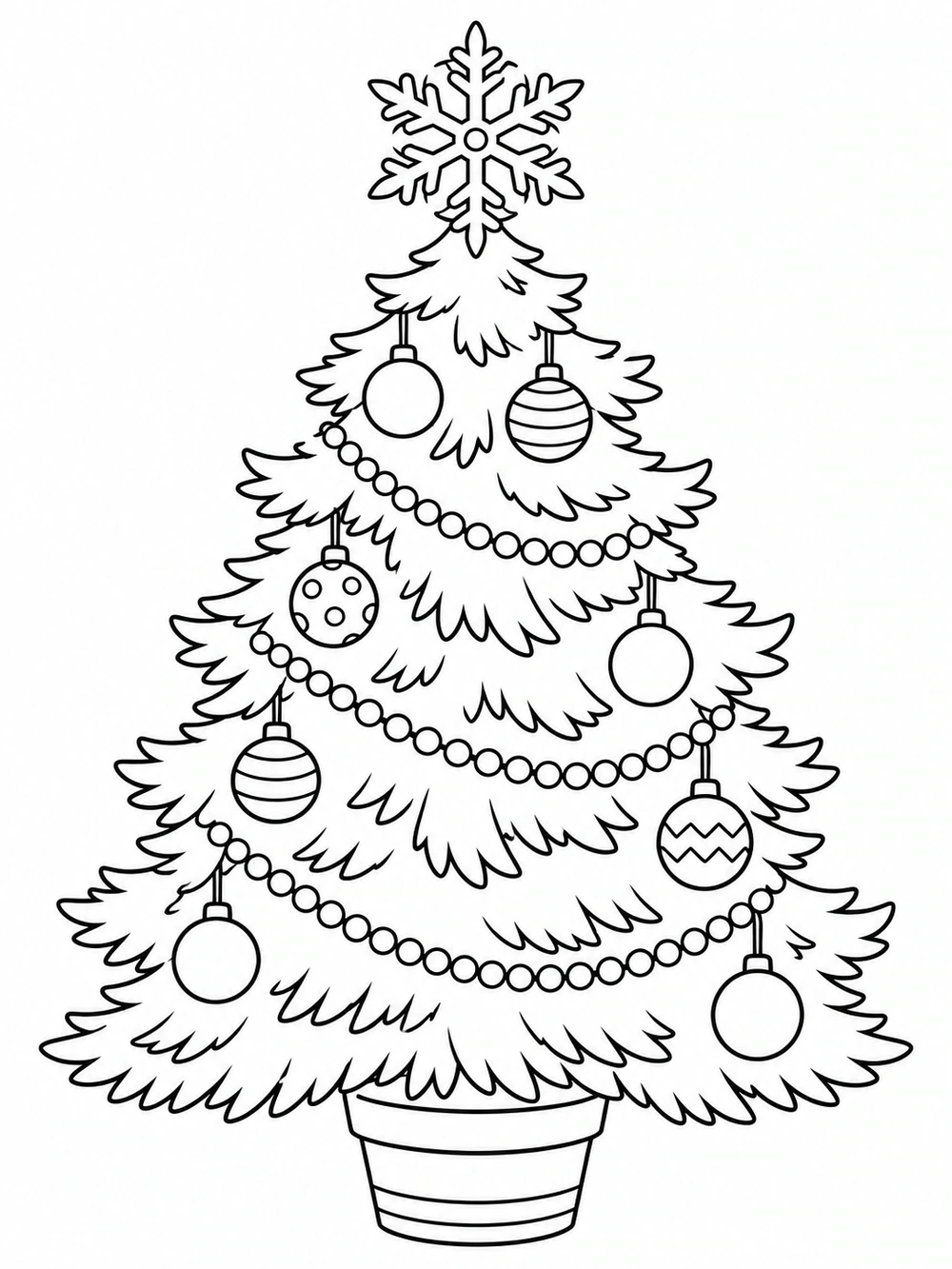 Evergreen holiday tree topped with a large six-point snowflake and decorated with round ornaments and bead garlands.