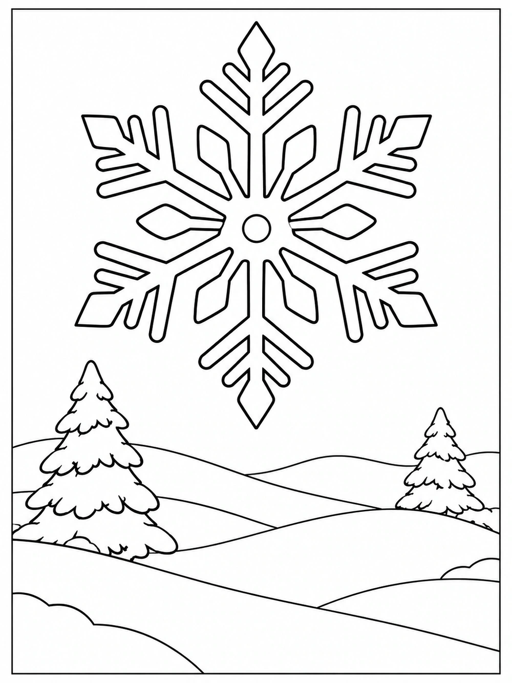 Oversized outlined snowflake above rolling snowy hills and two pine trees
