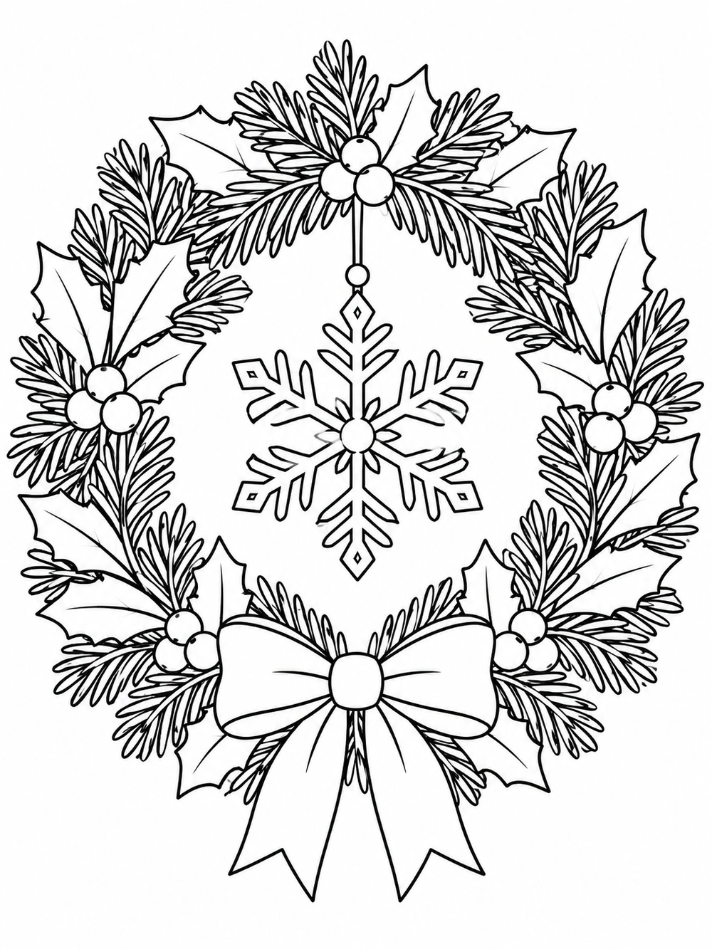 Black-and-white coloring page showing a symmetrical snowflake suspended in a round evergreen wreath with holly leaves, berry clusters, and a large bottom bow.