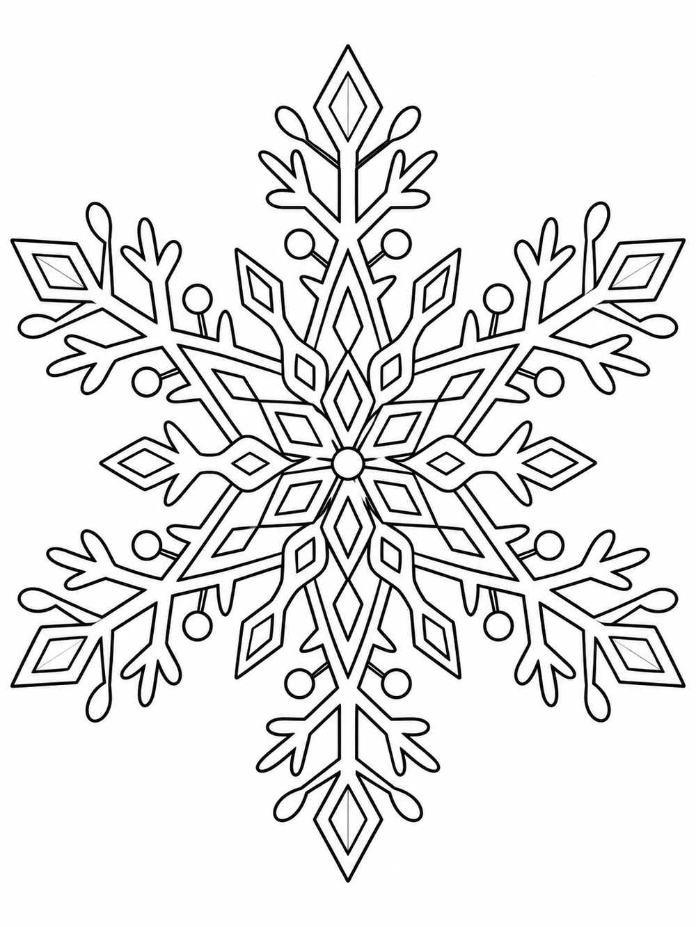 Large symmetrical six-point snowflake with fine branching, nested diamonds, and small enclosed center details on a white page.