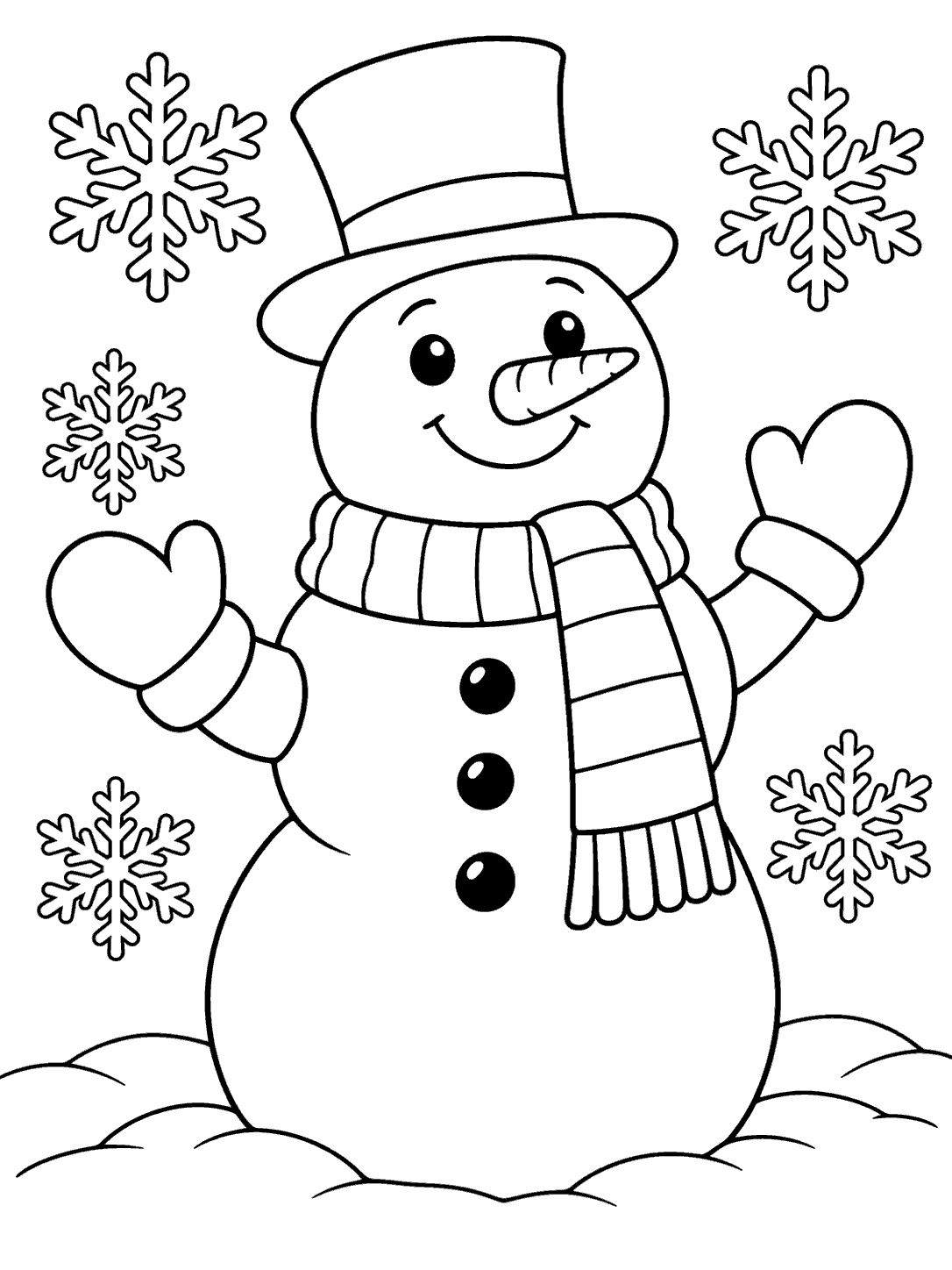 A smiling full-body snowman wearing a classic top hat, striped scarf, and mittens, with snowflakes around it.