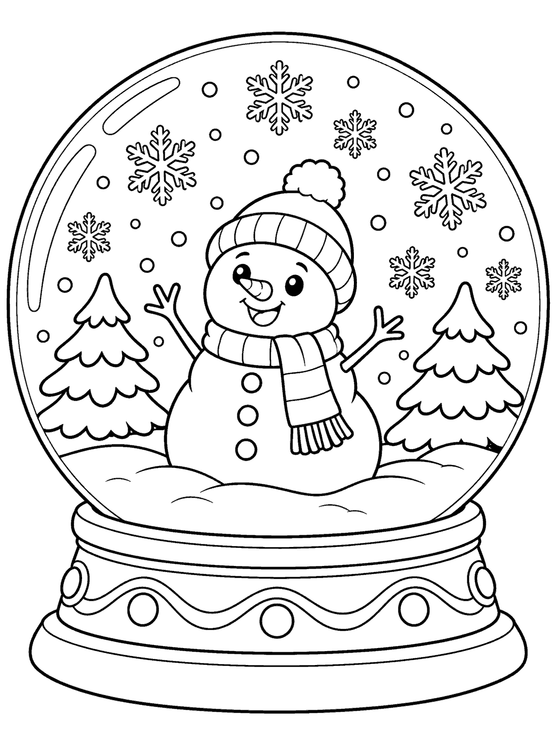 Black-and-white coloring page of a smiling snowman in a knit hat and scarf inside a large snow globe with two fir trees and falling snowflakes.