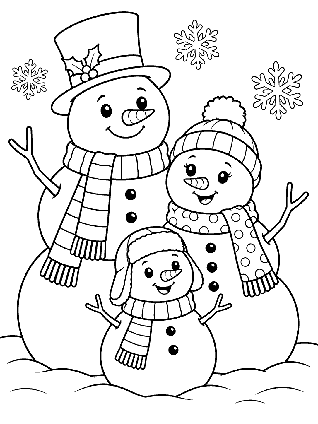 A tall, medium, and small smiling snowman wearing different hats and scarves, standing together amid snowflakes.