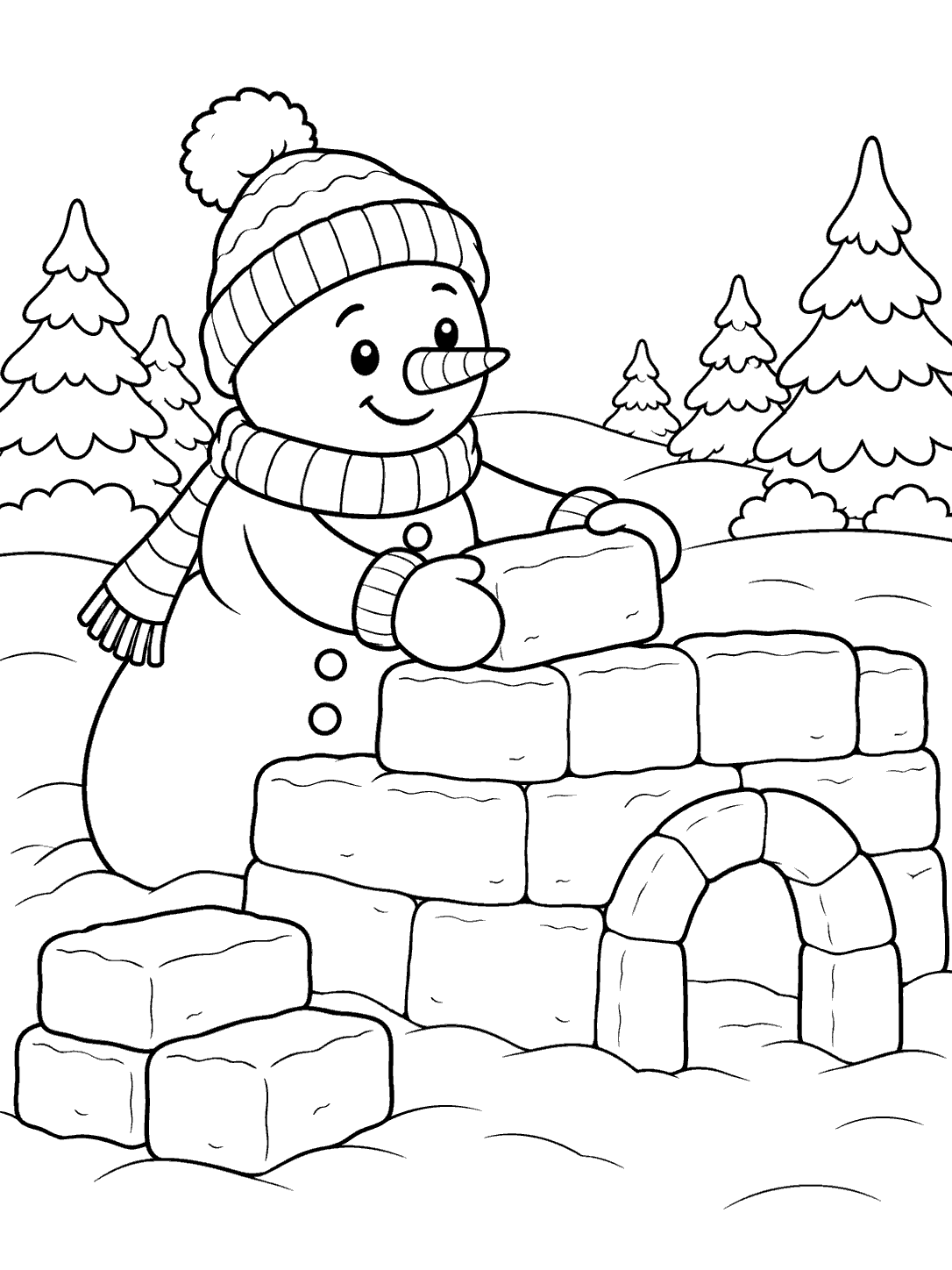 A smiling snowman in a knit cap and scarf places a snow block on a fort with an arched entrance; spare blocks and snowy evergreens surround the scene.