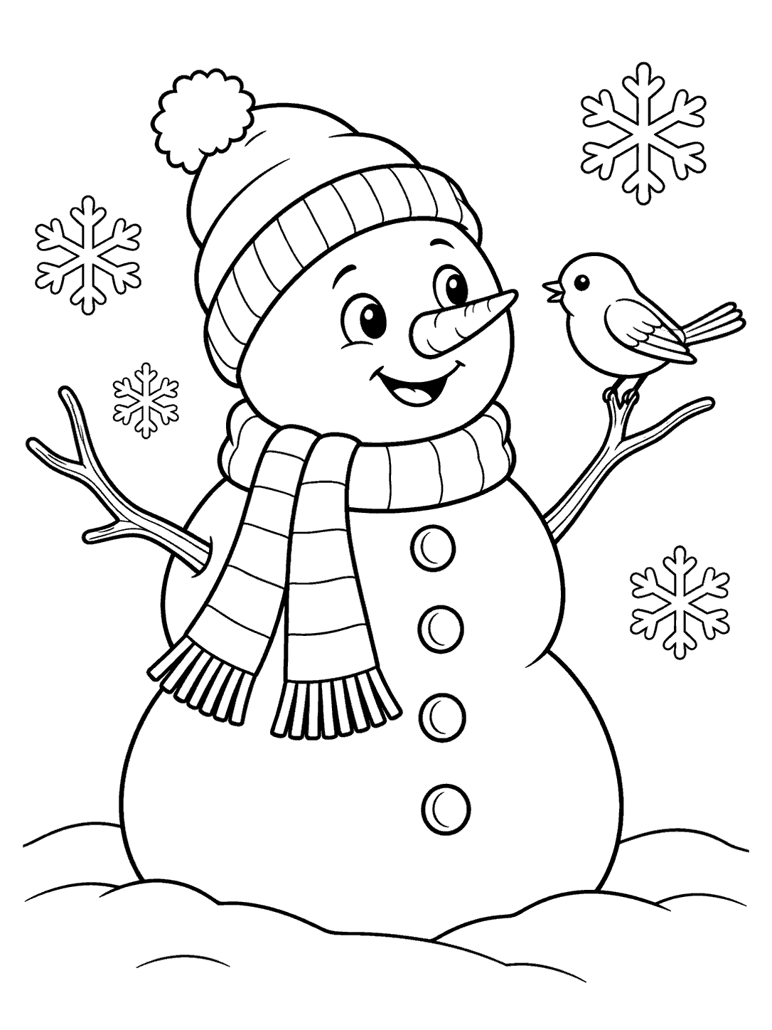 Black-and-white coloring page showing a cheerful snowman in a pom-pom hat and striped scarf looking toward a small bird perched on its twig arm, surrounded by large snowflakes and a snowbank.
