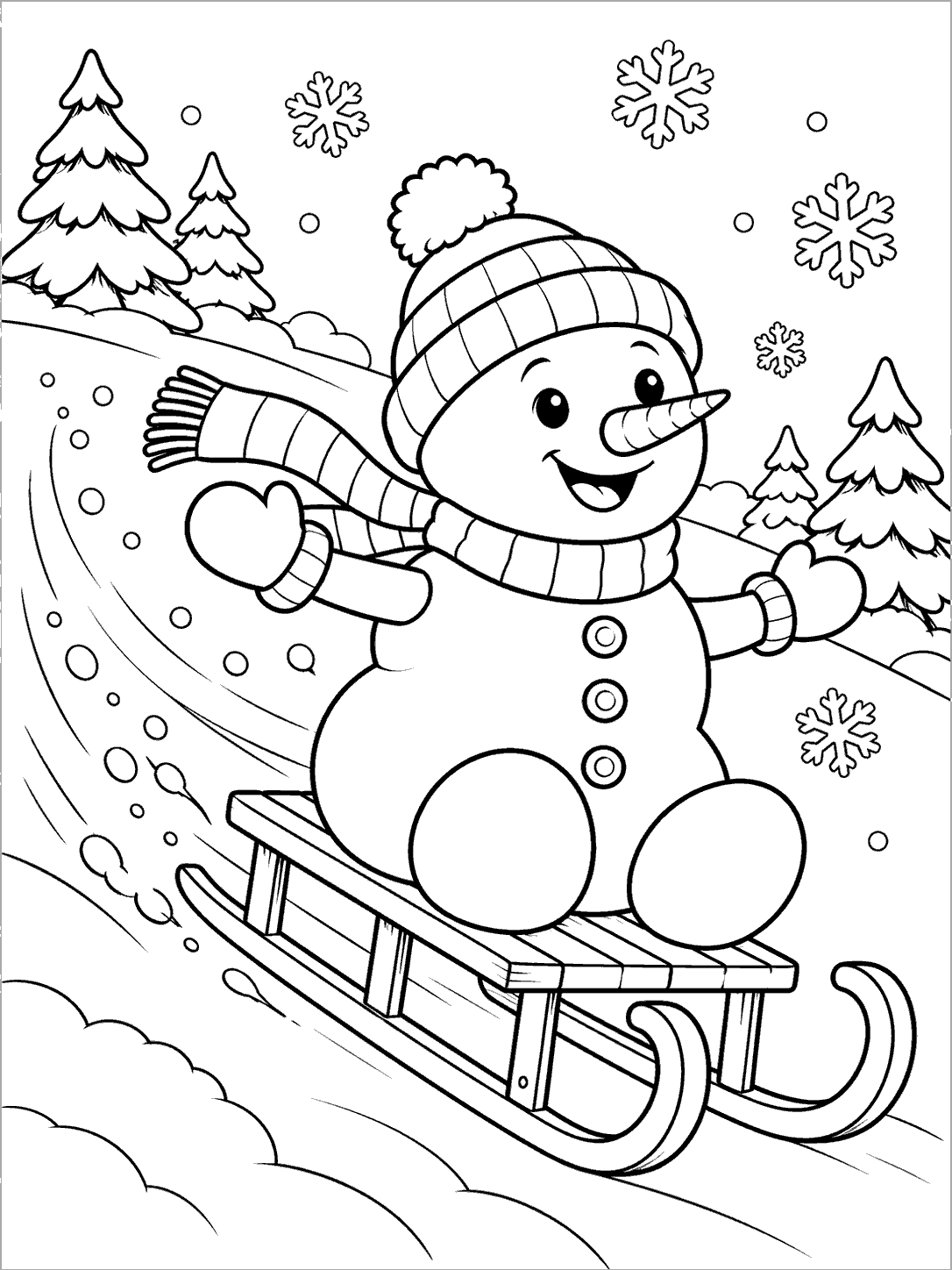 A cheerful bundled snowman rides a wooden sled downhill among snowflakes and evergreen trees.