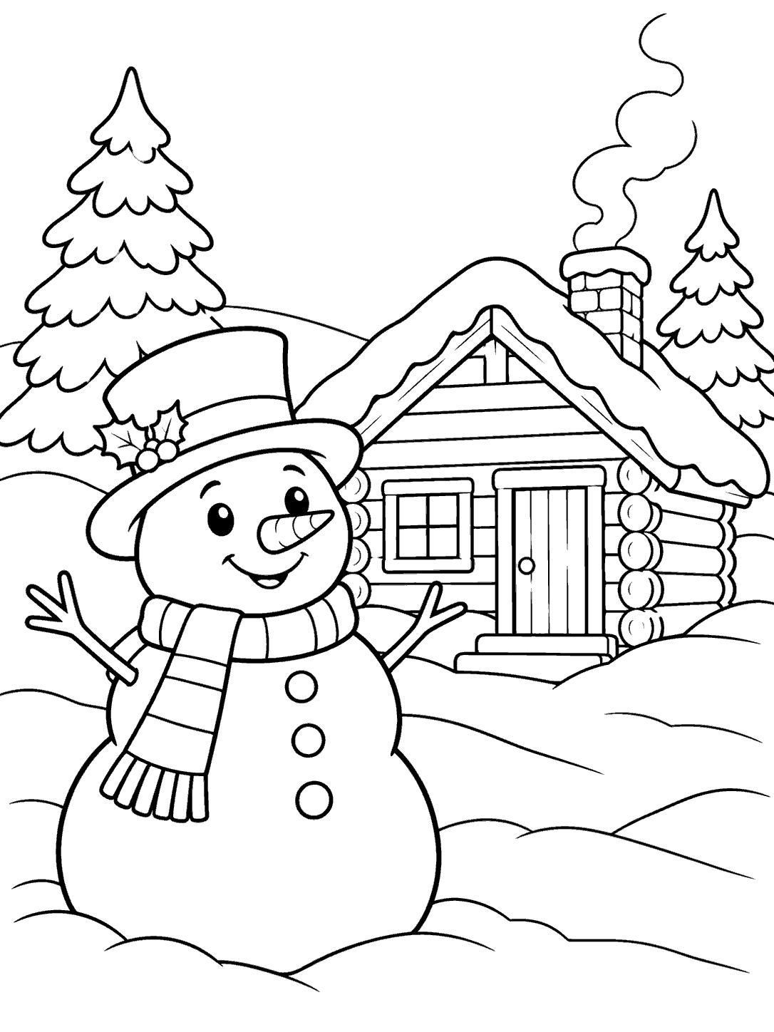 A smiling snowman with a scarf and top hat beside a log cabin with a smoking chimney, two pine trees, and snowy ground.
