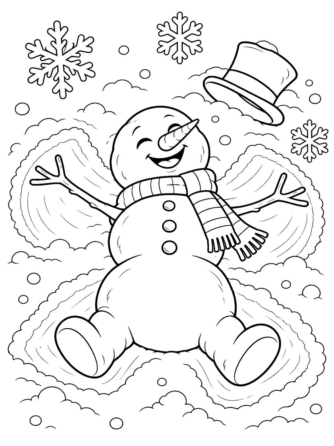 Black-and-white coloring page showing a smiling snowman lying on its back in a snow angel impression, with a hat and large snowflakes nearby.