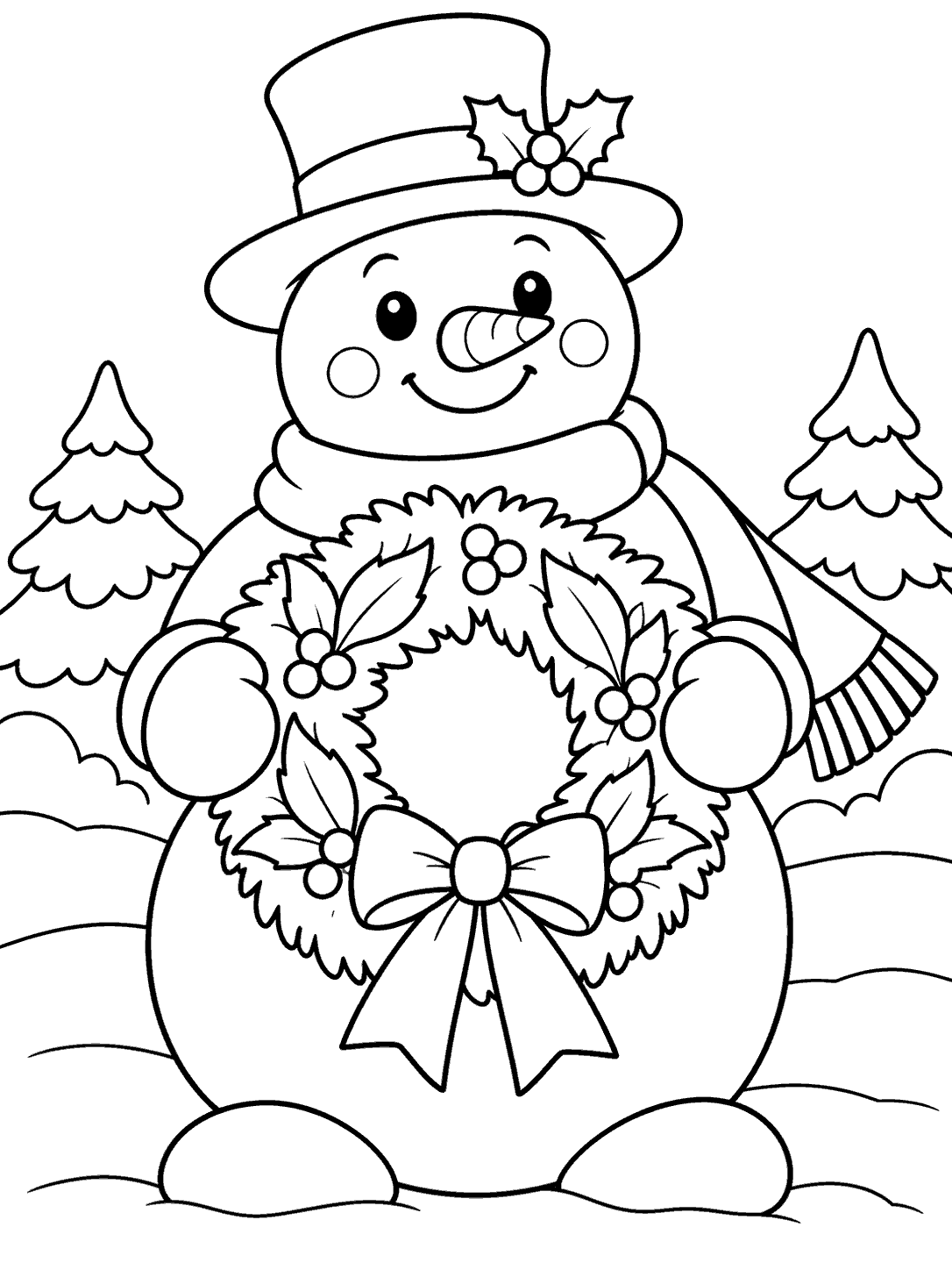 A smiling snowman in a holly-trimmed hat holds a large wreath with leaves, berries, and a bow, with snowy trees behind him.