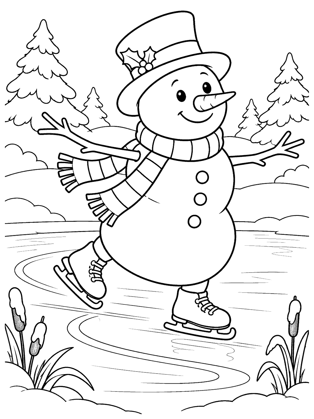 A smiling snowman in a top hat and scarf ice skating across a frozen pond, with curved skate marks and snow-covered reeds at the edge.