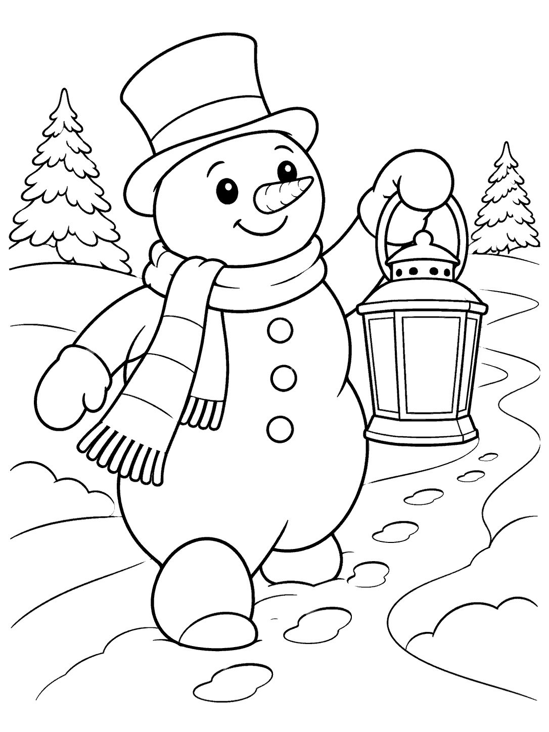 A scarf-wearing snowman carries a blank-panel lantern along a curving snow path, with footprints and two fir trees in the background.