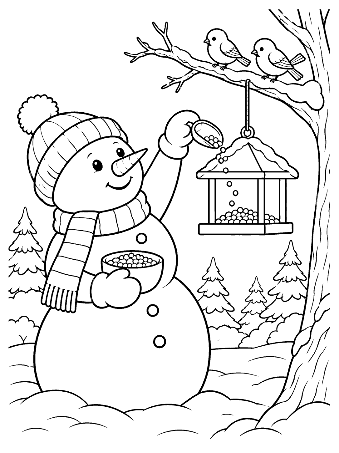 A scarfed snowman reaches toward a hanging bird feeder as two birds perch on a snowy branch, with evergreen trees in the background.