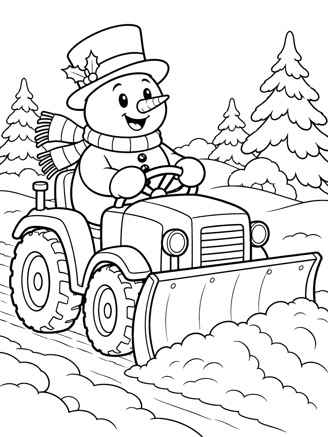 A smiling, hat-wearing snowman drives a large wheeled snowplow with a wide blade through snow, with evergreen trees in the background.