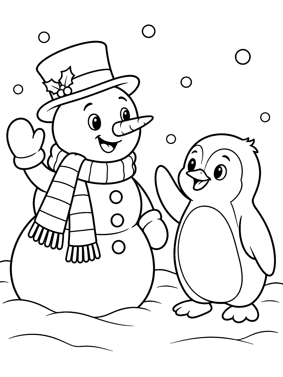 A smiling snowman in a scarf and top hat waves at a standing penguin with a clear belly outline, among large snowflakes and low snowbanks.