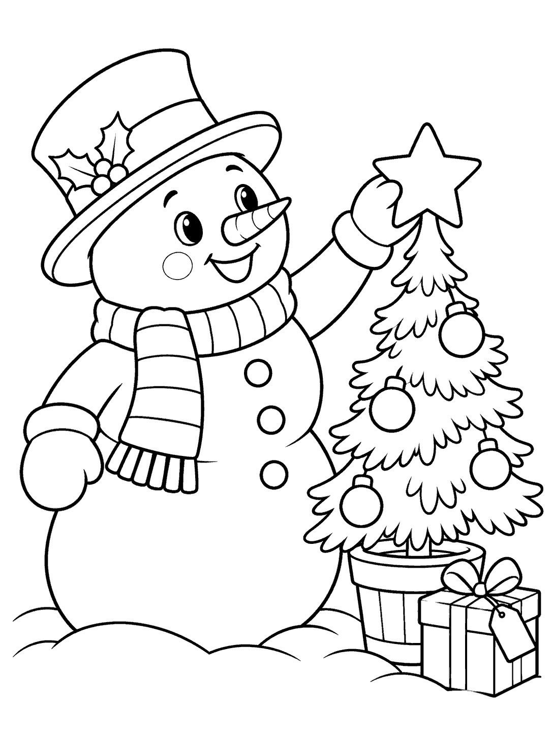A smiling snowman reaches to place a star atop a small potted evergreen tree beside a wrapped present.