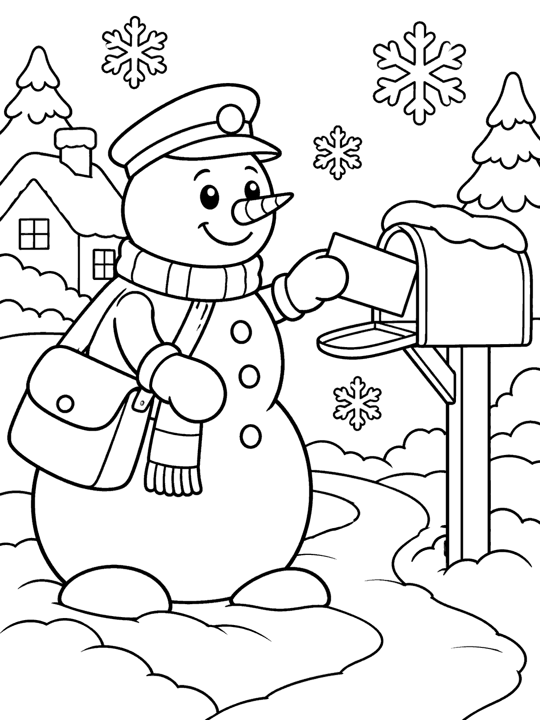 A smiling snowman in a mail carrier cap and shoulder bag placing a blank envelope into a mailbox, surrounded by snowflakes, trees, and a snowy path.