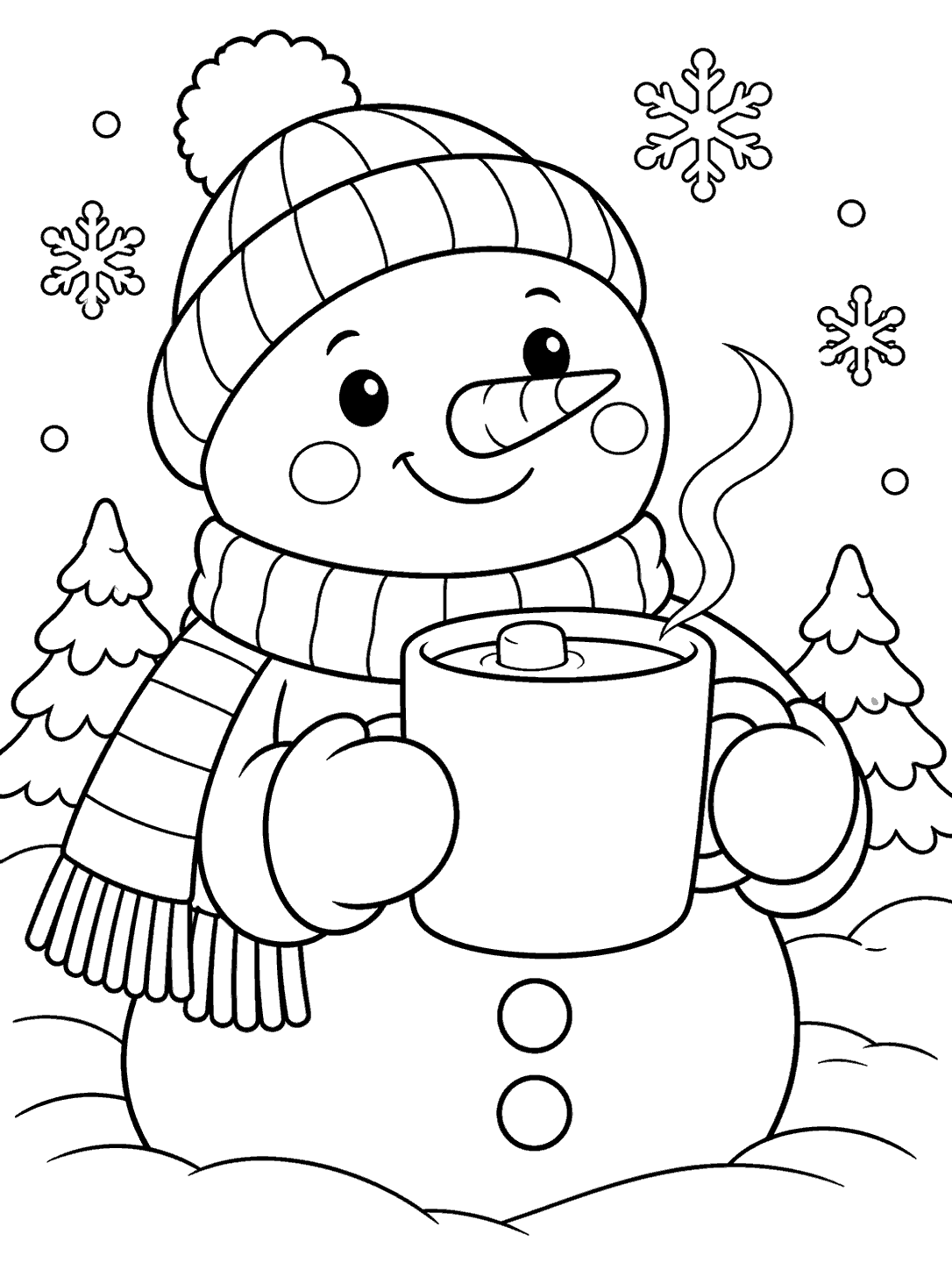 A smiling snowman in a striped scarf and knit hat holds a large mug with a marshmallow, surrounded by snowflakes and snowy trees.
