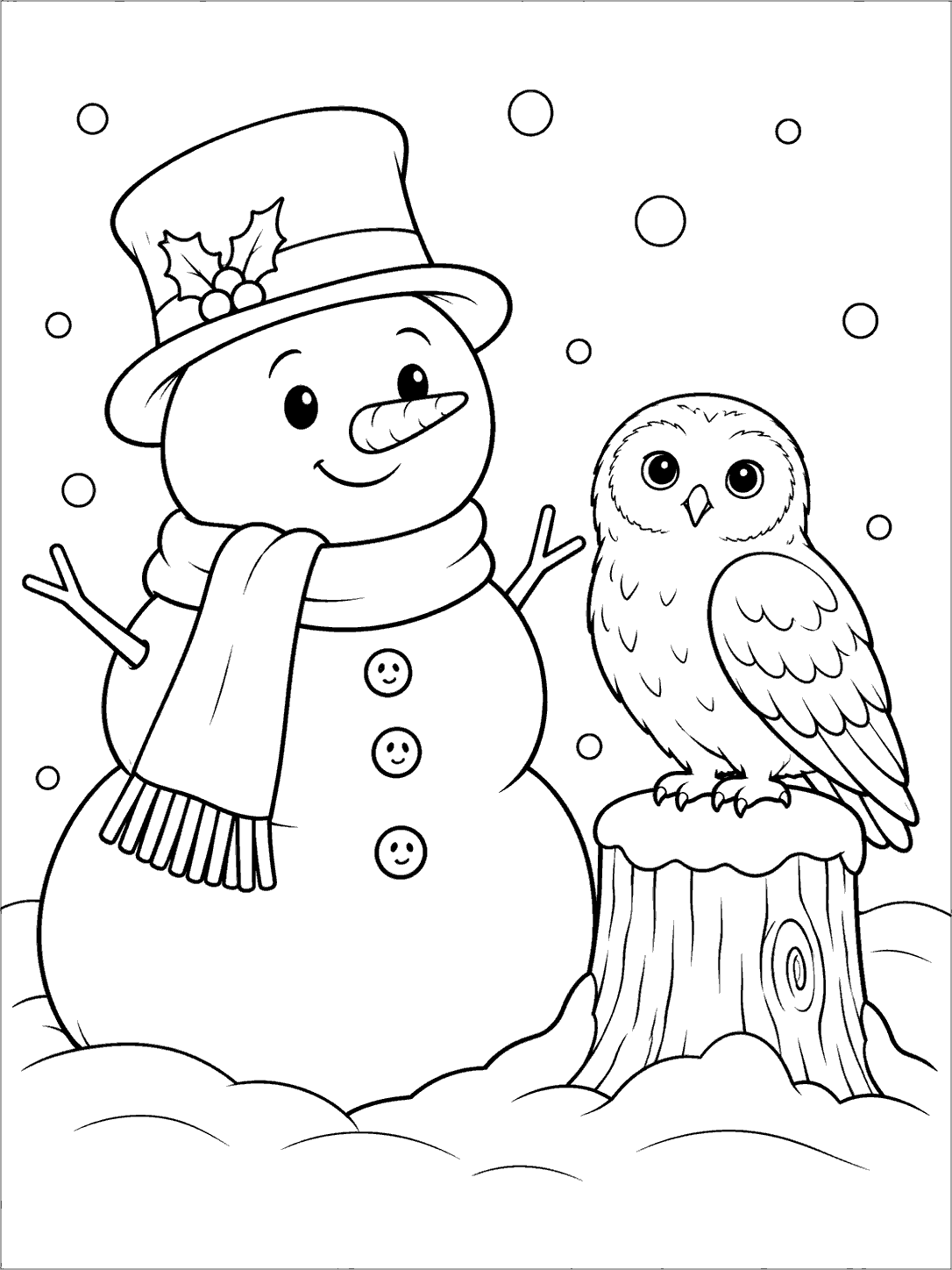 A smiling snowman in a holly-trimmed hat stands beside a feather-outlined snowy owl perched on a tree stump, with large snowflakes and snowbanks.
