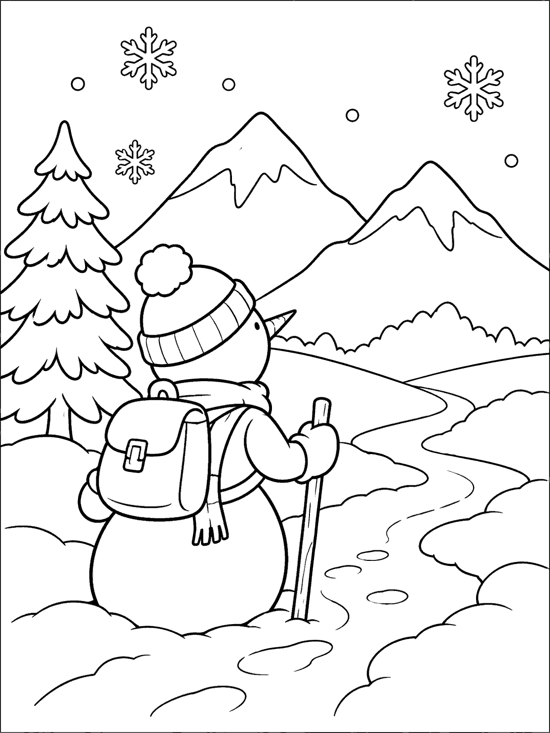 A snowman wearing a backpack on a snowy mountain trail, facing two broad peaks beside a pine tree and large snowflakes.