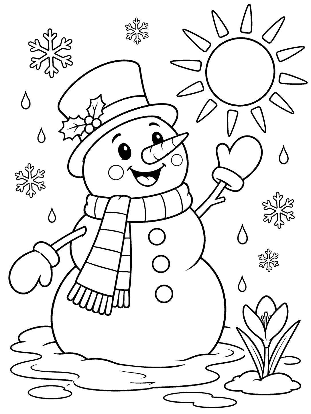 Smiling snowman waving beneath a large sun, surrounded by snowflakes, melting droplets, a puddle, and a flower.