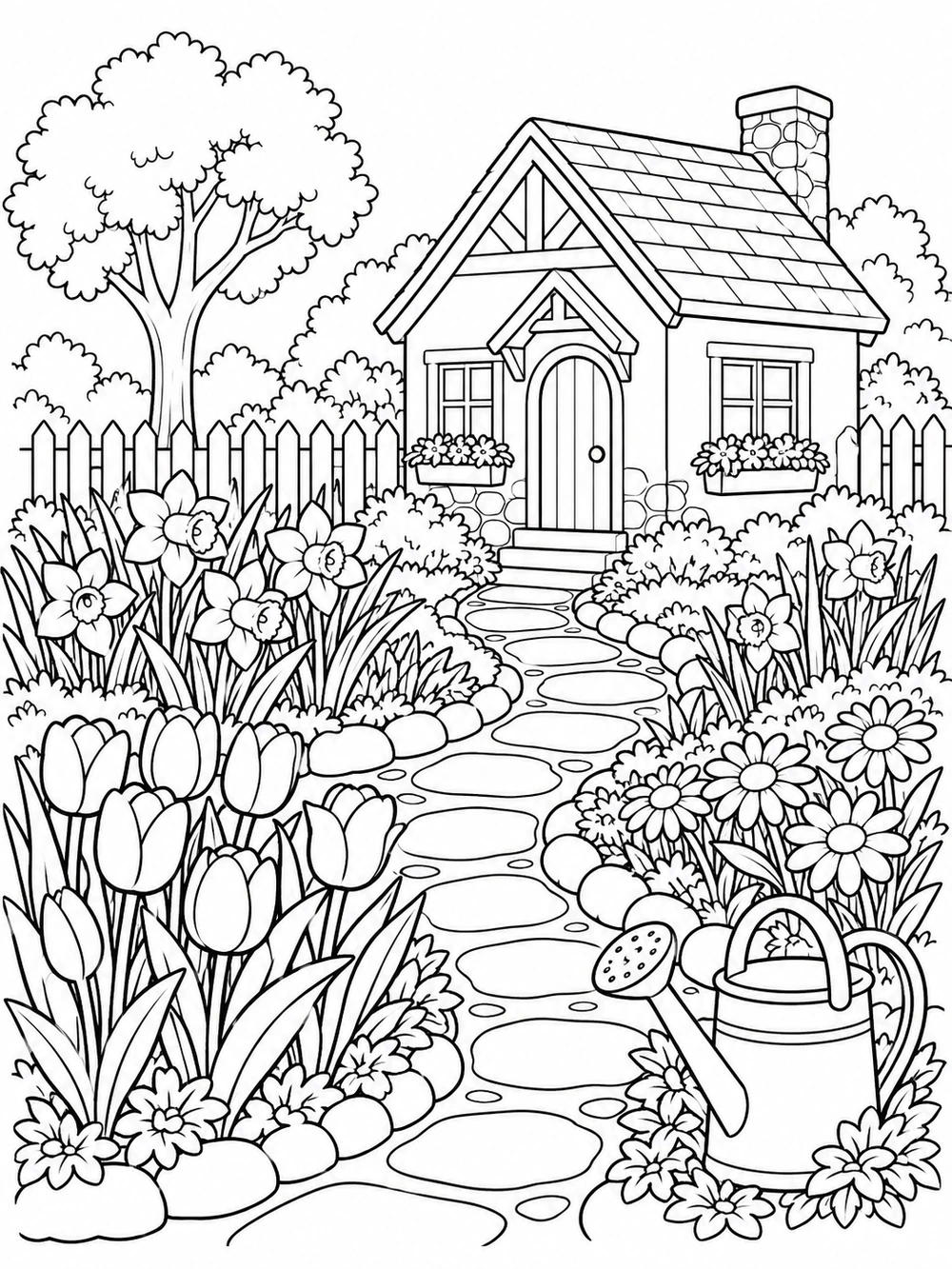 Black-and-white cottage garden coloring page with flower beds, stepping stones, a fence, and a watering can.
