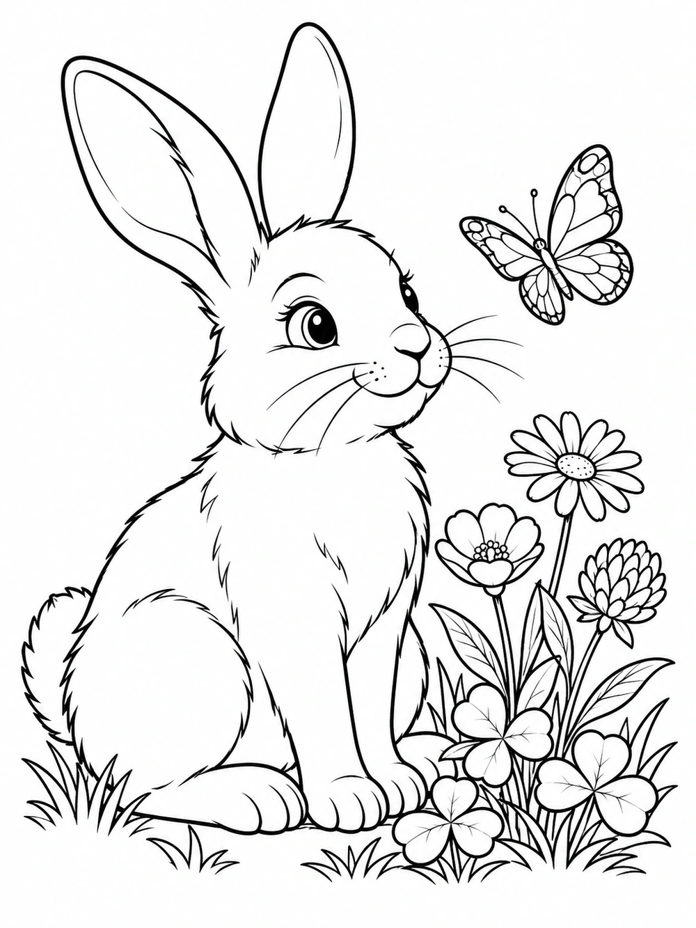 Black-and-white coloring page of an upright rabbit beside clover and three wildflowers, with a butterfly nearby.