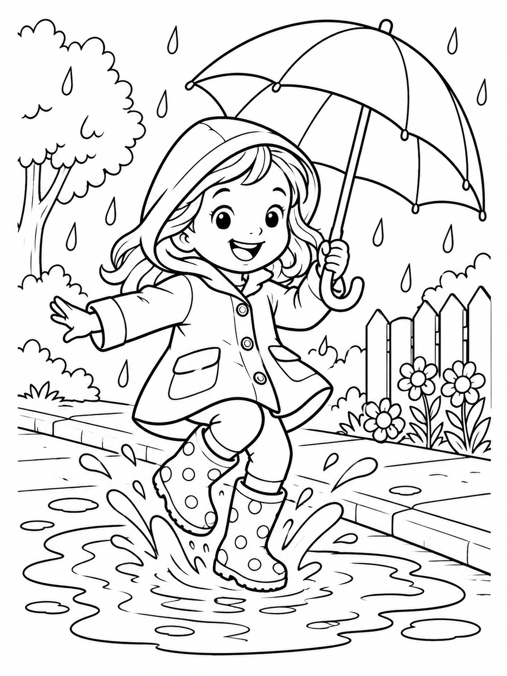 Black-outline coloring page of a smiling child in a hooded raincoat and rain boots jumping into a puddle beneath an umbrella, with raindrops and sidewalk flowers.
