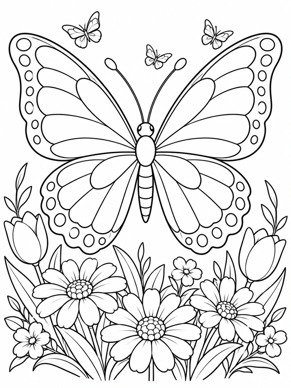 Black-and-white spring coloring page with a large symmetrical butterfly above blooming flowers and three smaller butterflies in the background.