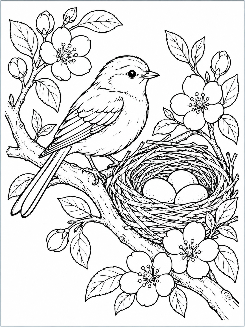 Black-and-white spring coloring page showing a songbird beside a nest with three eggs among leafy, flowering branches.