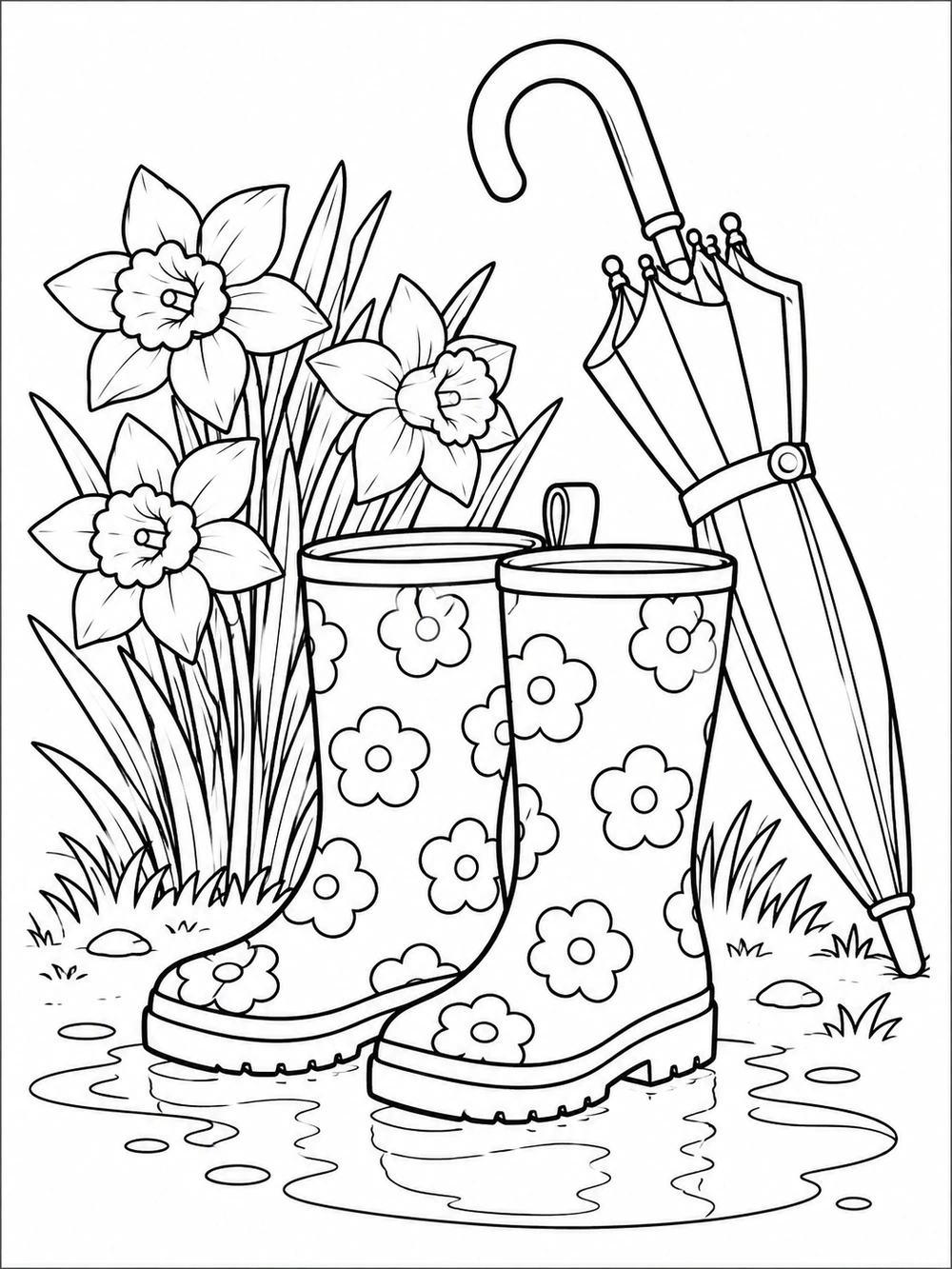 Spring rain boots decorated with flowers beside a puddle, daffodils, and a folded umbrella.