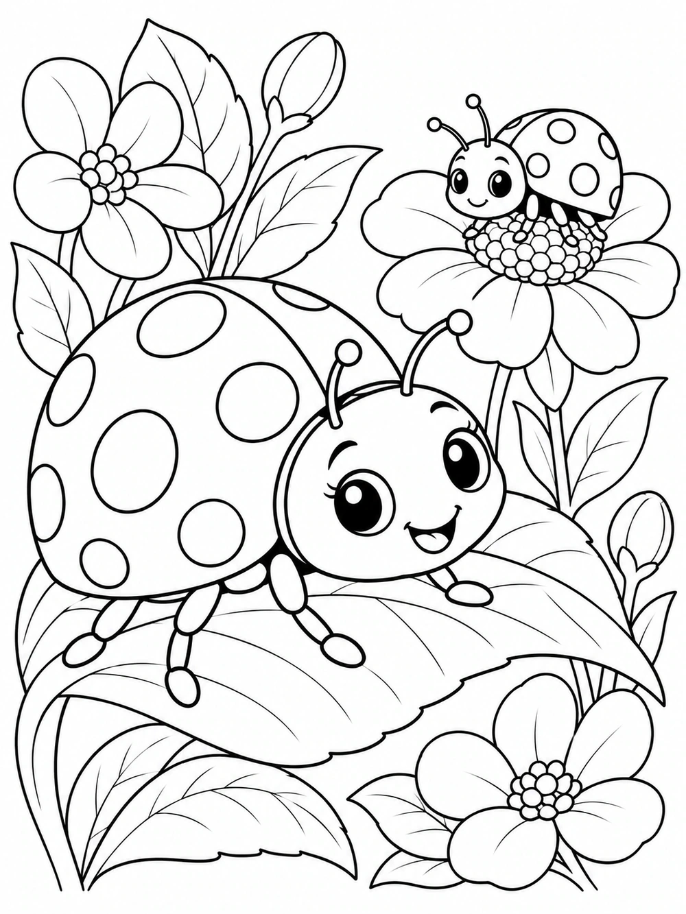 Black-and-white spring coloring page with a large smiling, spotted ladybug on a leaf, a smaller ladybug on a flower, and surrounding leaves and blossoms.