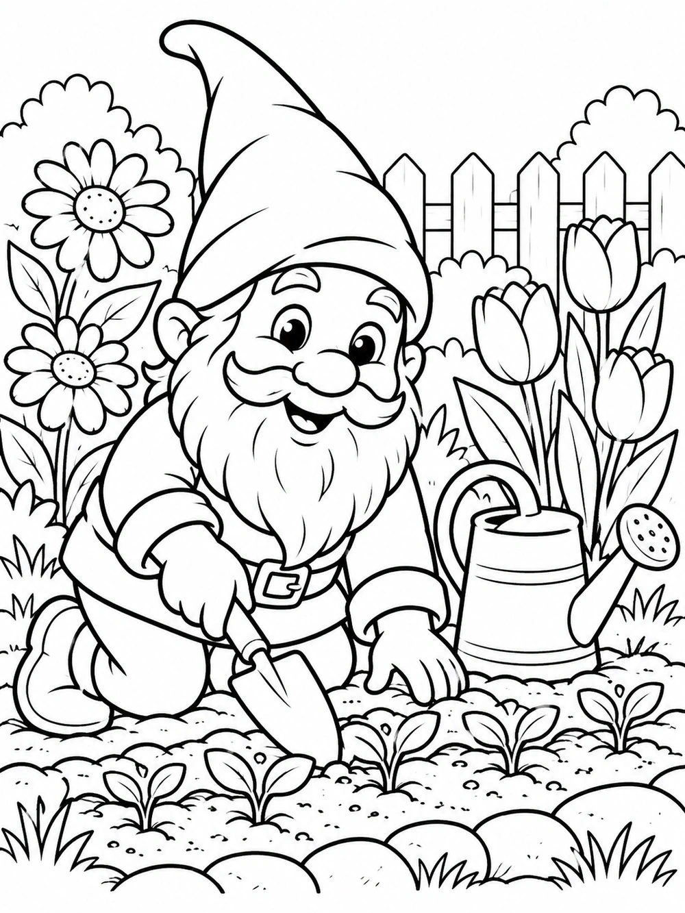 Black-and-white coloring page showing a smiling garden gnome planting seedlings with a hand trowel, beside a watering can, flowers, and a garden fence.